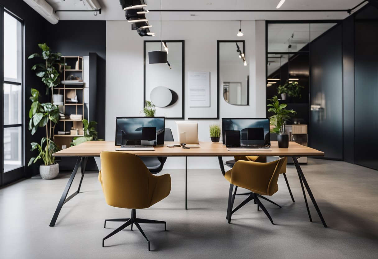A modern office with sleek furniture and vibrant decor. A team of designers brainstorming and collaborating on projects. Clean lines and a minimalist aesthetic