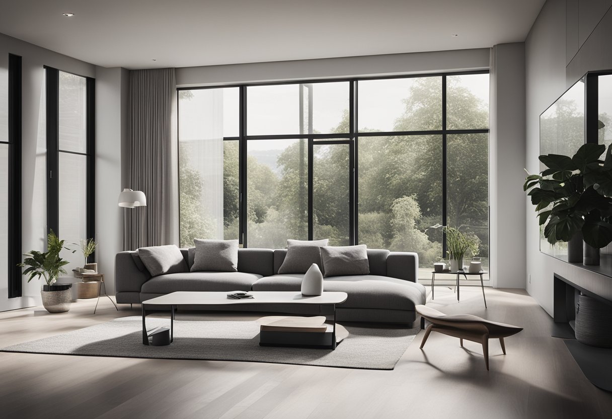 A sleek, monochromatic living room with clean lines, minimal furniture, and subtle pops of color. A large window lets in natural light, highlighting the simplicity of the space
