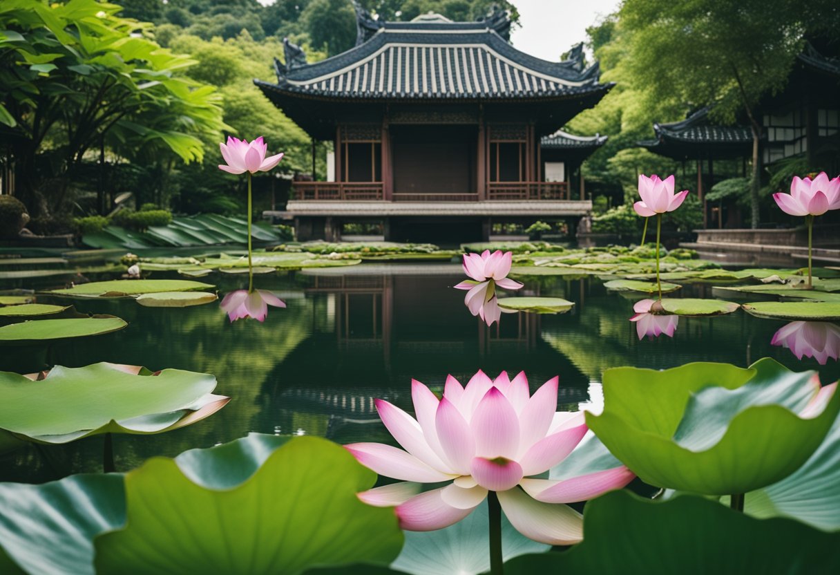 A tranquil garden with a lotus pond, surrounded by lush greenery and adorned with traditional oriental architecture