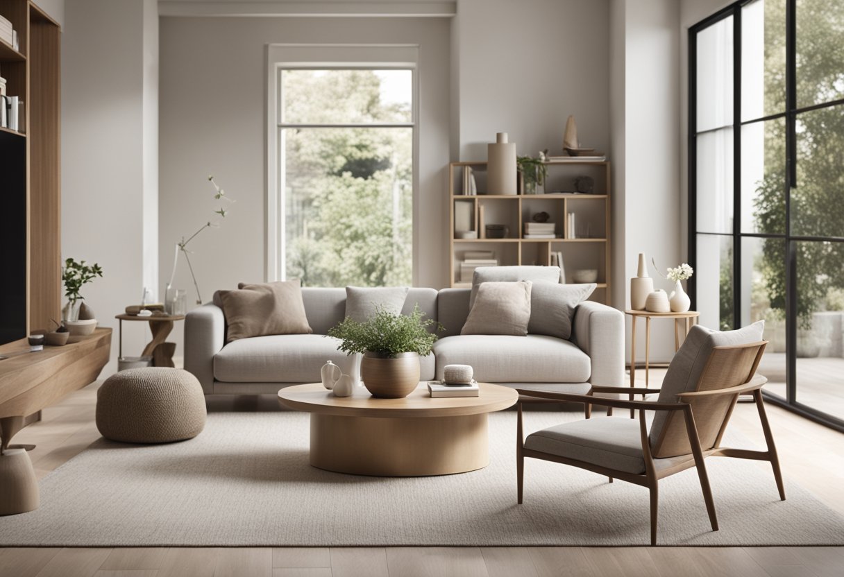 A spacious, uncluttered living room with sleek furniture and clean lines. Neutral colors and natural materials create a serene, sophisticated atmosphere