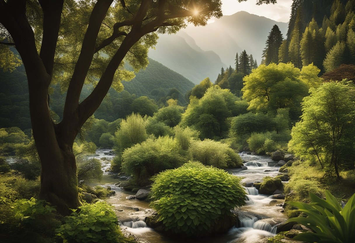 A serene garden with a flowing river, surrounded by ancient trees and mountains in the distance