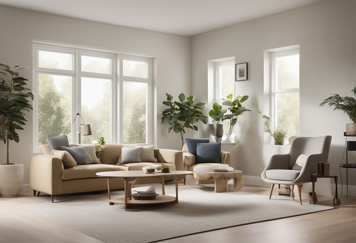 A clutter-free living room with clean lines, neutral colors, and simple furniture. A large window lets in natural light, highlighting the spaciousness and simplicity of the design