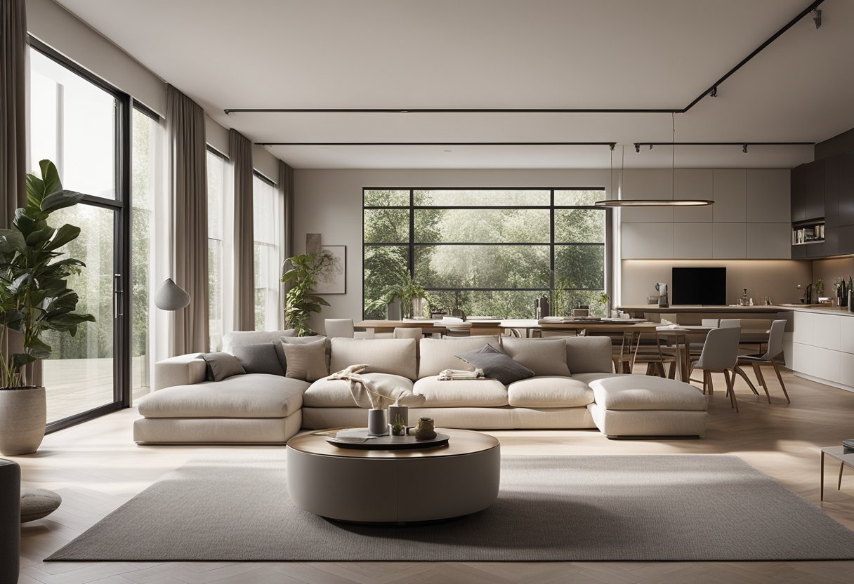 A sleek, open-plan living room with clean lines, neutral colors, and carefully chosen furniture. A large window lets in natural light, illuminating the minimalist space