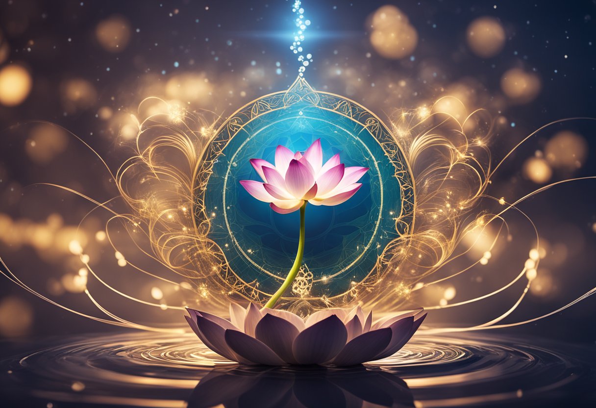 Soul bond and spiritual connections depicted through symbolic imagery of lotus flowers, flowing water, and intertwining energy lines