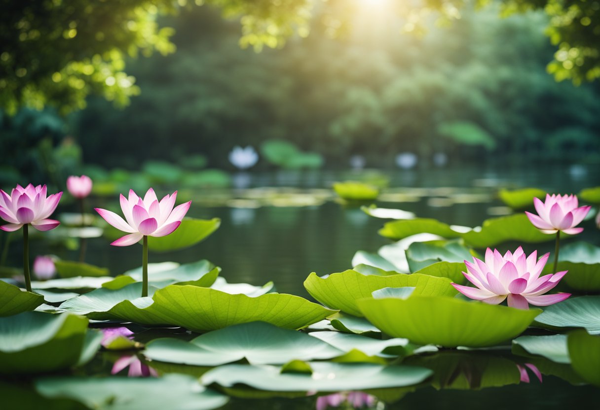 A serene garden with a tranquil pond, surrounded by lush greenery and blooming lotus flowers, representing spiritual practices and disciplines in Eastern philosophies