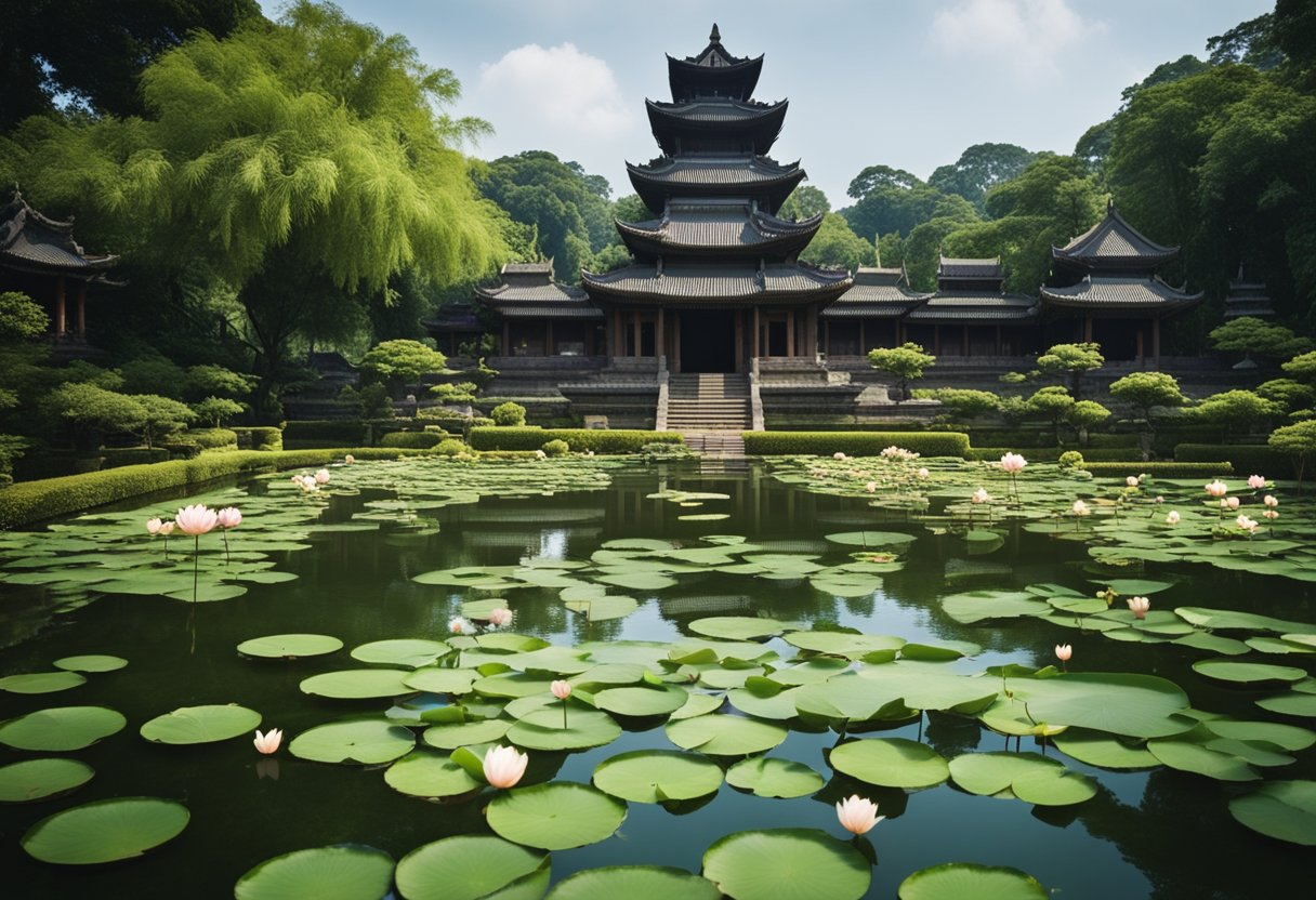 A serene garden with a lotus pond, surrounded by ancient Eastern temples and lush greenery