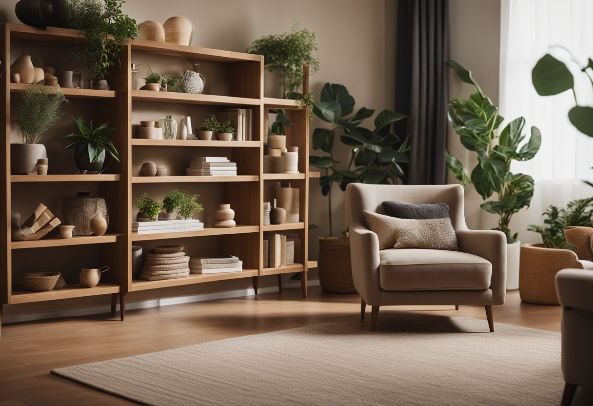 A cozy living room with warm, earthy tones, plush seating, and natural lighting. A bookshelf filled with decorative items and plants adds a touch of nature
