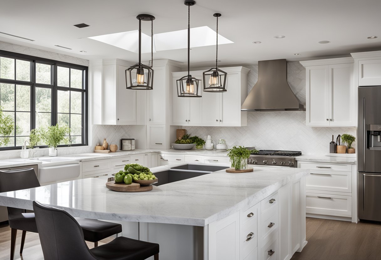 A modern kitchen with sleek, white cabinets, marble countertops, and stainless steel appliances. Large windows flood the space with natural light, and a stylish pendant light hangs above the island