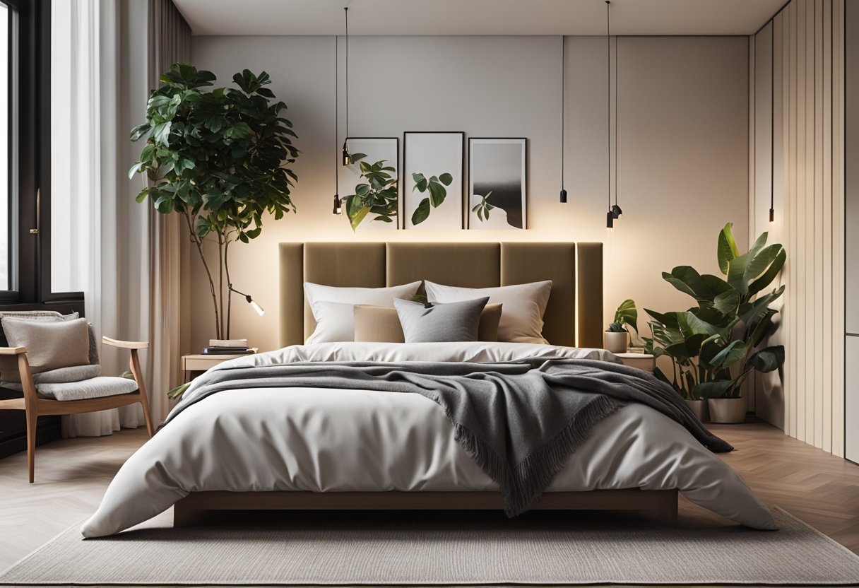 The bedroom features a cozy bed with fluffy pillows, a soft rug, and warm lighting. A minimalist desk with plants and artwork adds a touch of modern elegance