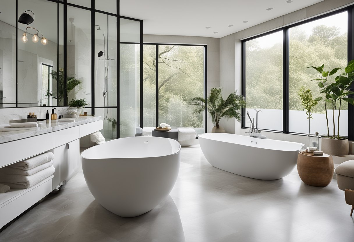 A spacious, modern bathroom with marble countertops, a freestanding bathtub, and a large glass-enclosed shower. The room is filled with natural light from a large window and features sleek, minimalist fixtures