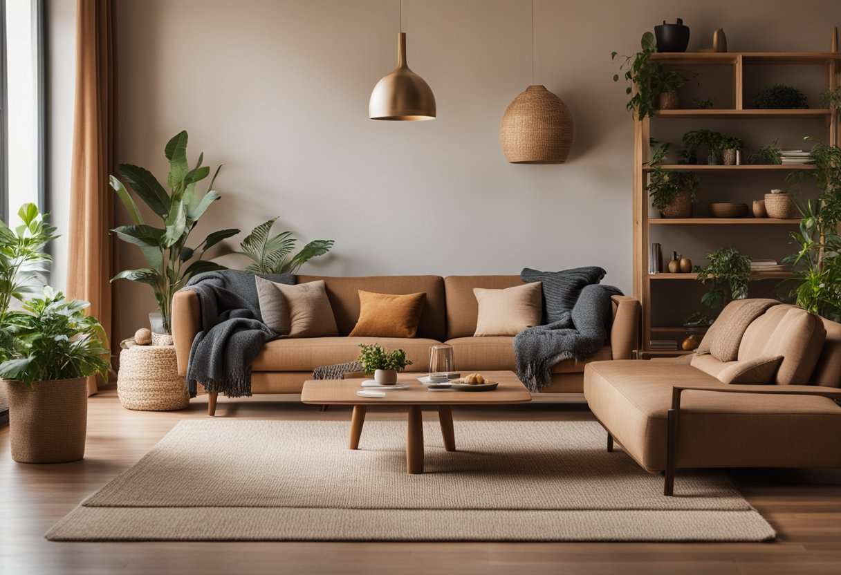 A cozy living room with warm, earthy tones, natural materials, and minimalist furniture, accented with plants and soft textiles