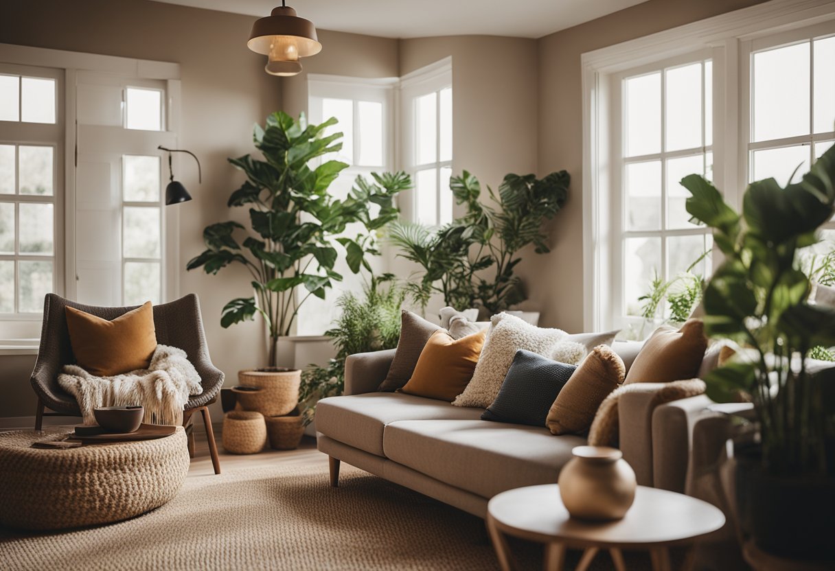 A cozy living room with warm, earthy tones, plush pillows, and a mix of modern and vintage decor. A large window lets in natural light, and potted plants add a touch of greenery