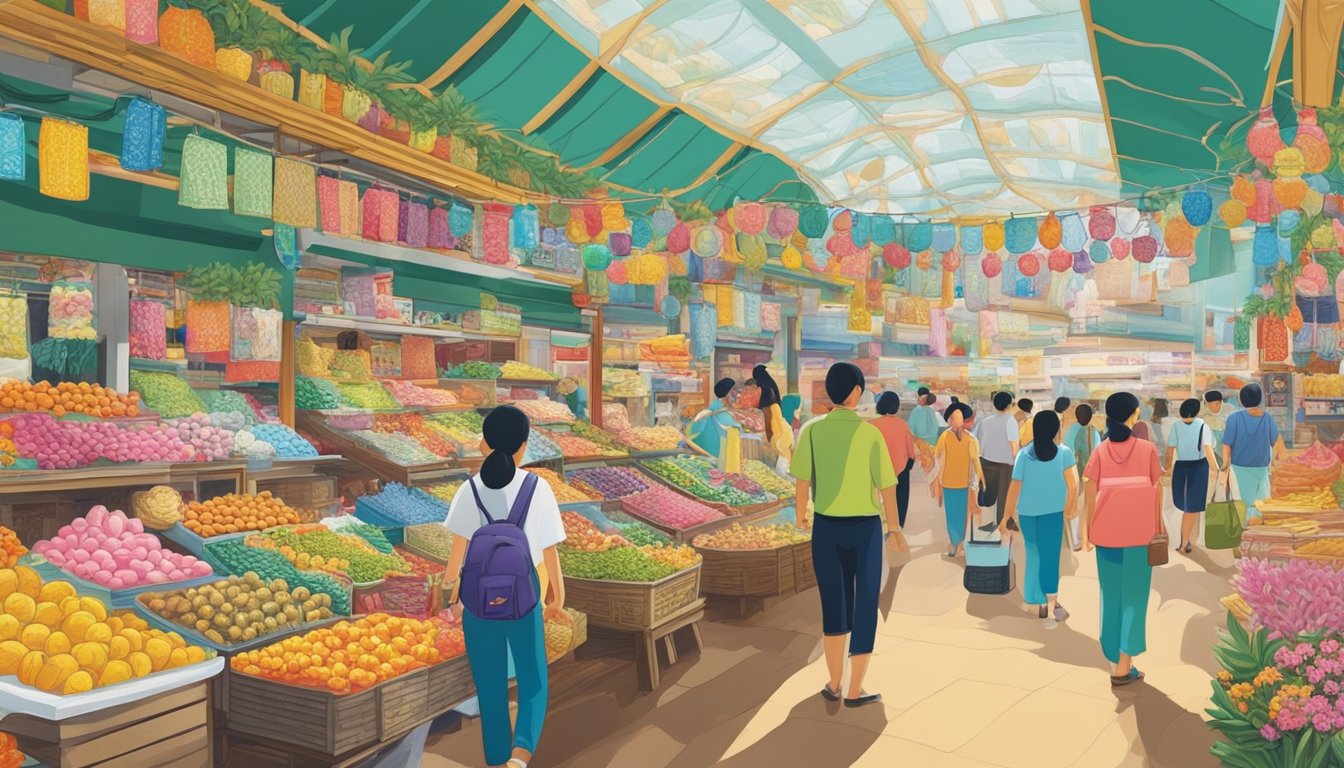 A colorful array of souvenirs and local products fill the shelves in a bustling Singaporean market. The iconic Merlion statues and traditional Peranakan designs catch the eye