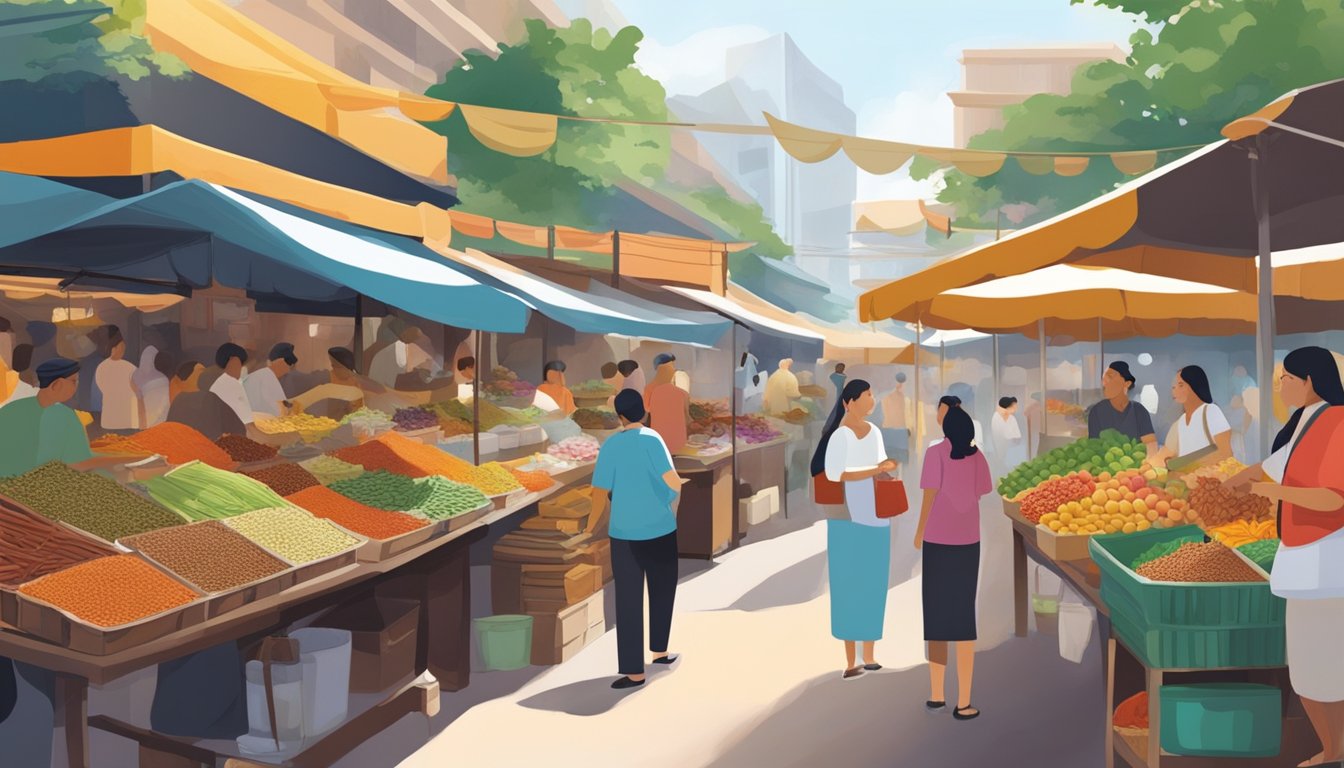 A bustling market with colorful stalls selling exotic spices, fresh fruits, and local delicacies. Aromatic scents fill the air as vendors call out to passersby, showcasing the diverse culinary delights of Singapore