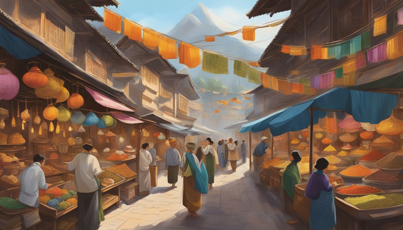 A bustling market filled with colorful textiles, intricate wood carvings, and delicate ceramic wares. The air is filled with the aroma of incense and the sound of lively bargaining