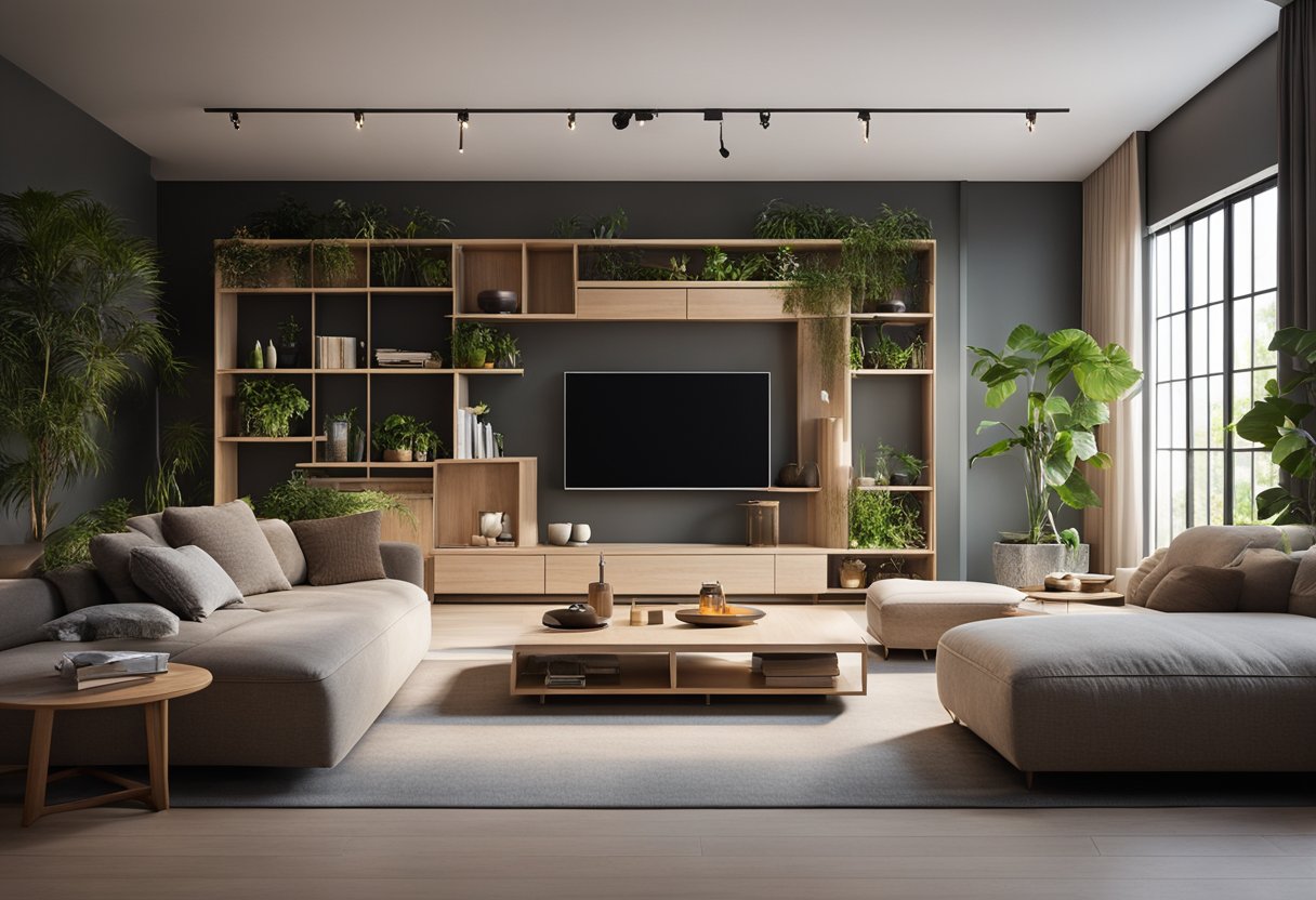 A minimalist living room with natural materials, energy-efficient lighting, and indoor plants. A modular furniture layout maximizes space