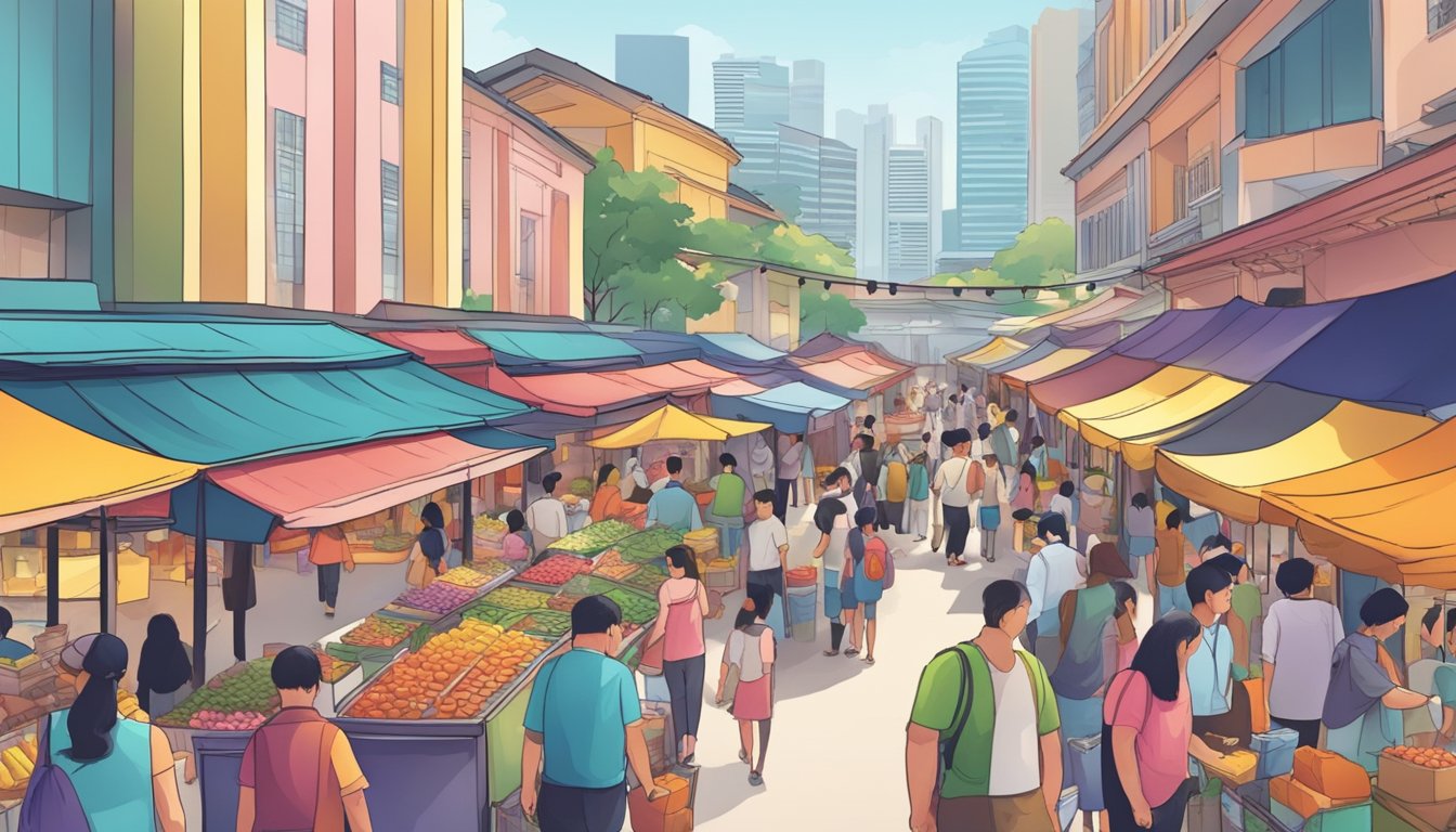 A bustling marketplace in Singapore, with colorful stalls and eager shoppers, seeking out the best items to buy