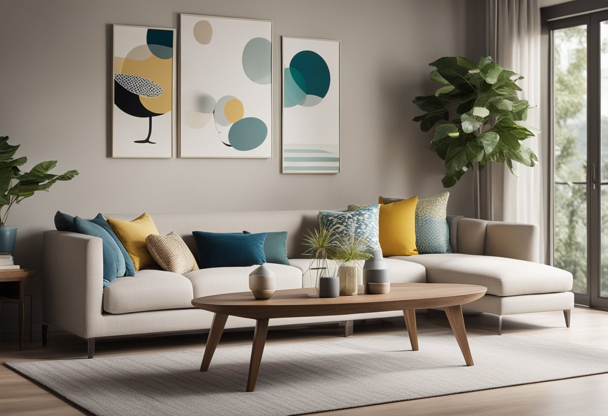 A room with neutral walls and pops of color in the form of accent pillows and artwork. Furniture is arranged to create an inviting and functional space