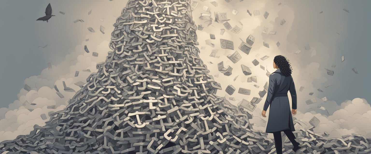 A person standing tall, breaking free from chains, surrounded by empowering words and symbols of strength and resilience