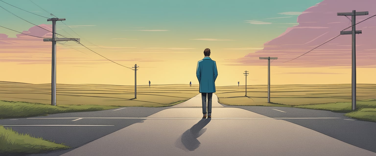 A lone figure stands at a crossroads, one path leading to self-pity and blame, the other to empowerment and accountability. The figure's posture exudes determination and resolve