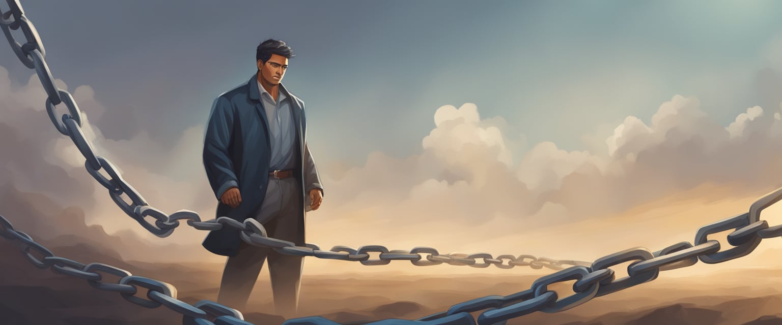 A person standing tall, breaking free from chains, with a determined expression