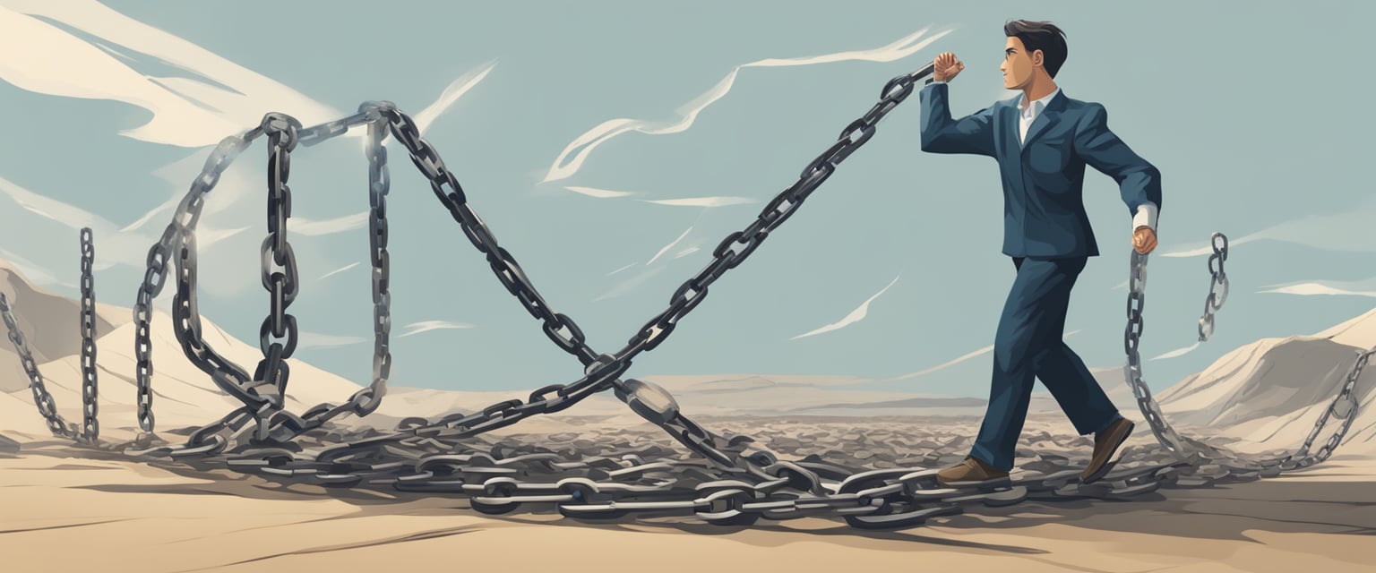 A person standing tall, breaking free from chains, and casting them aside, symbolizing empowerment and overcoming victimhood