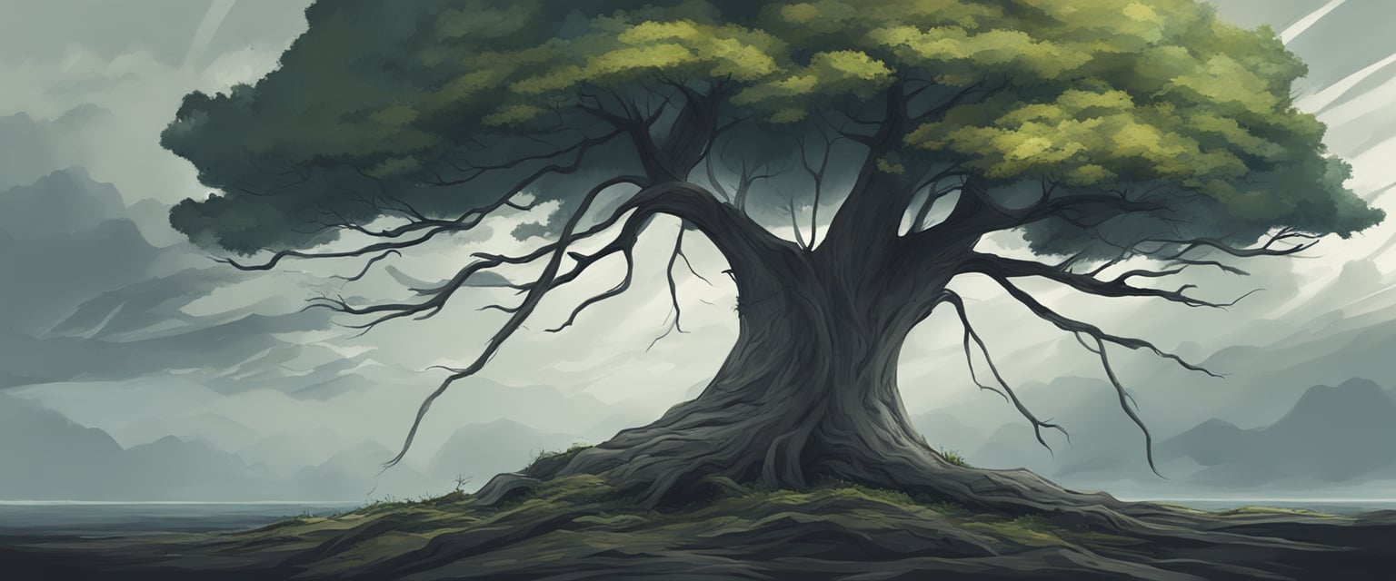 A lone tree stands tall amidst a storm, bending but not breaking. Surrounding trees lay fallen, but this one remains strong, symbolizing resilience
