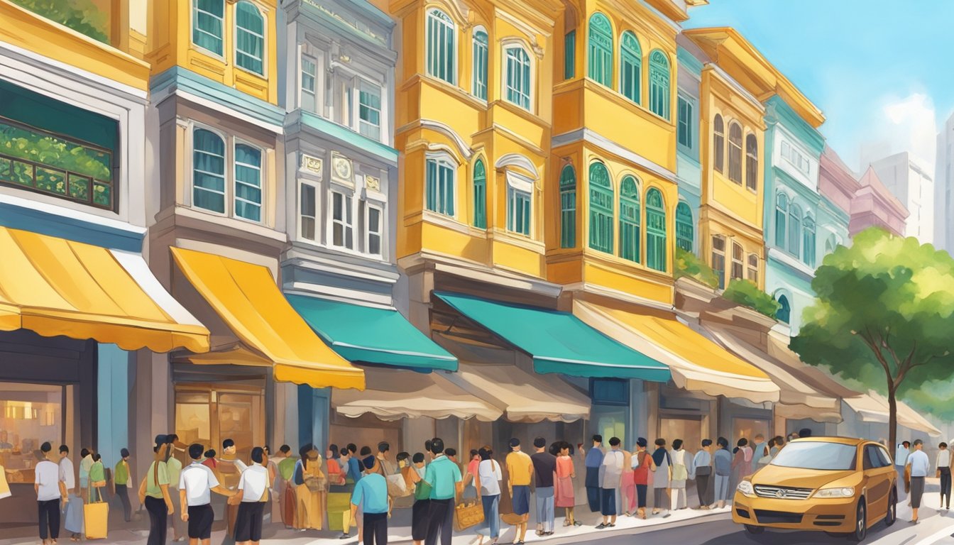 A bustling Singapore street with vibrant storefronts displaying 916 gold jewelry. Customers admire the gleaming pieces while vendors showcase their exquisite craftsmanship