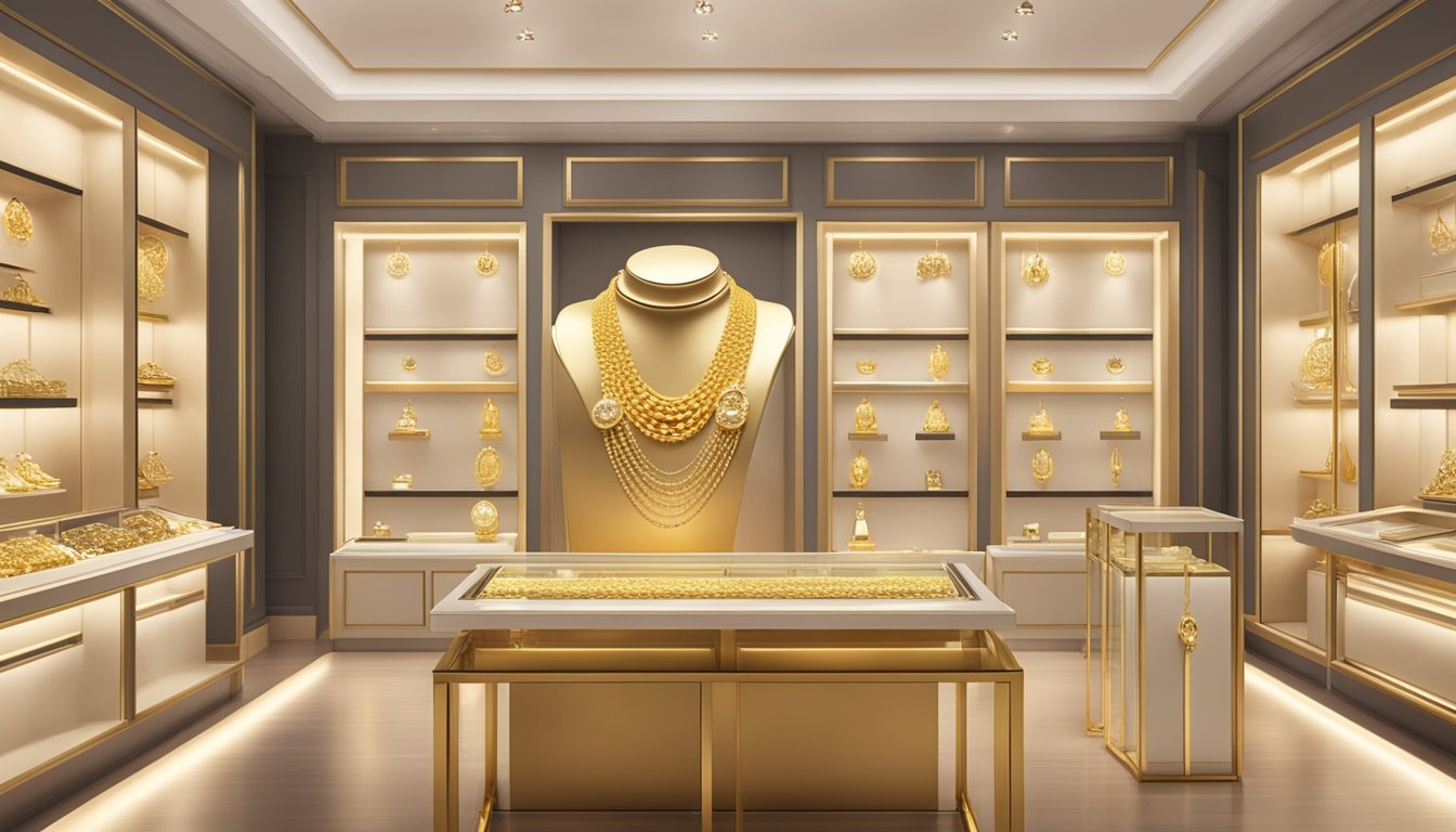 A gleaming 916 gold necklace displayed in a Singapore jewelry shop, surrounded by elegant showcases and soft lighting