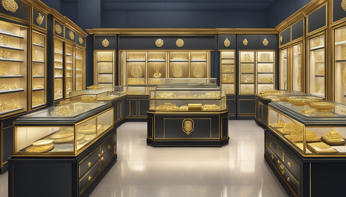 A display of 916 gold jewellery in a Singaporean shop, with various pieces showcased on velvet-lined trays and glass cabinets