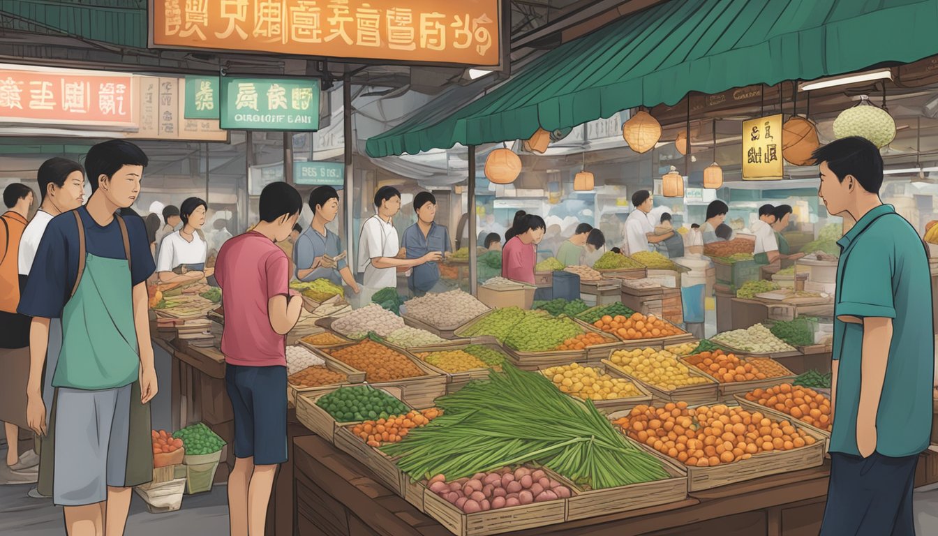 A crowded Singapore market stall sells bak chang, with a sign displaying "Frequently Asked Questions: where to buy bak chang Singapore."