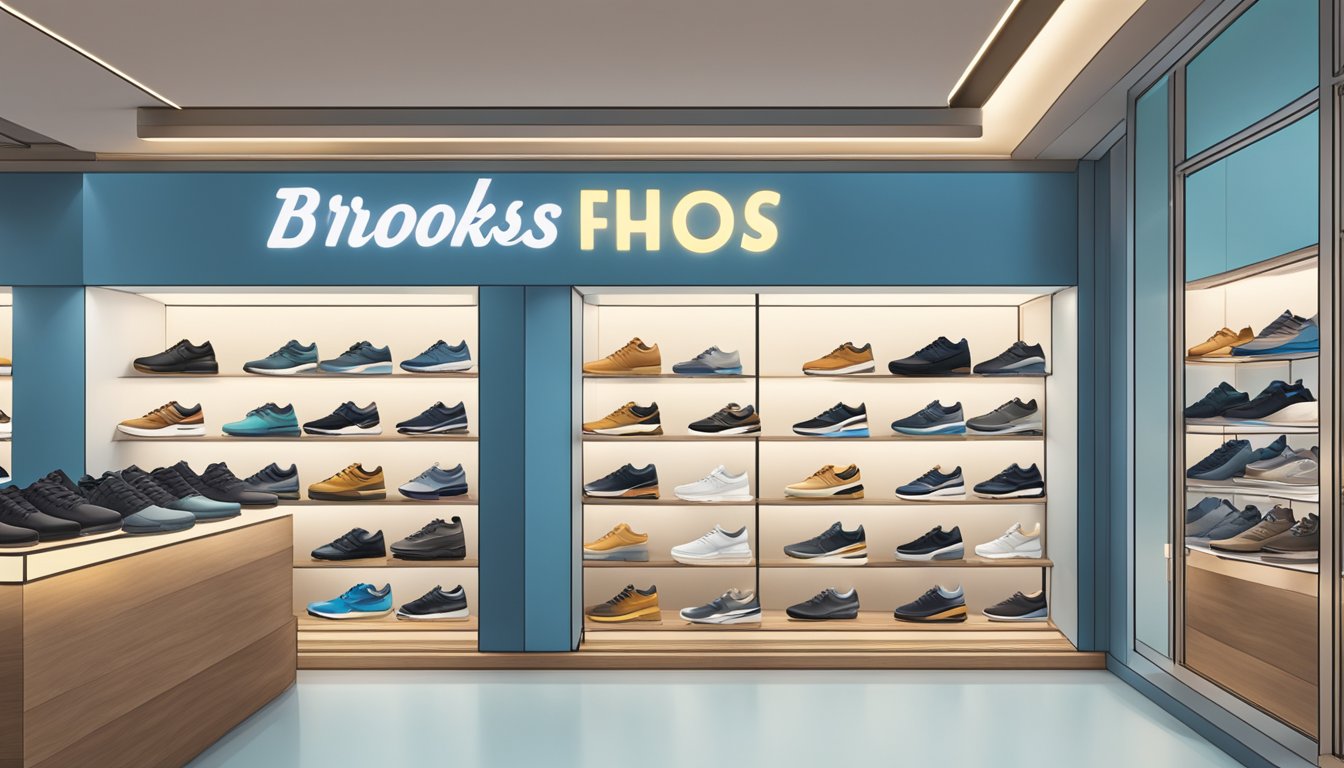 A display of Brooks shoes in a Singapore store, with a prominent "Frequently Asked Questions" sign