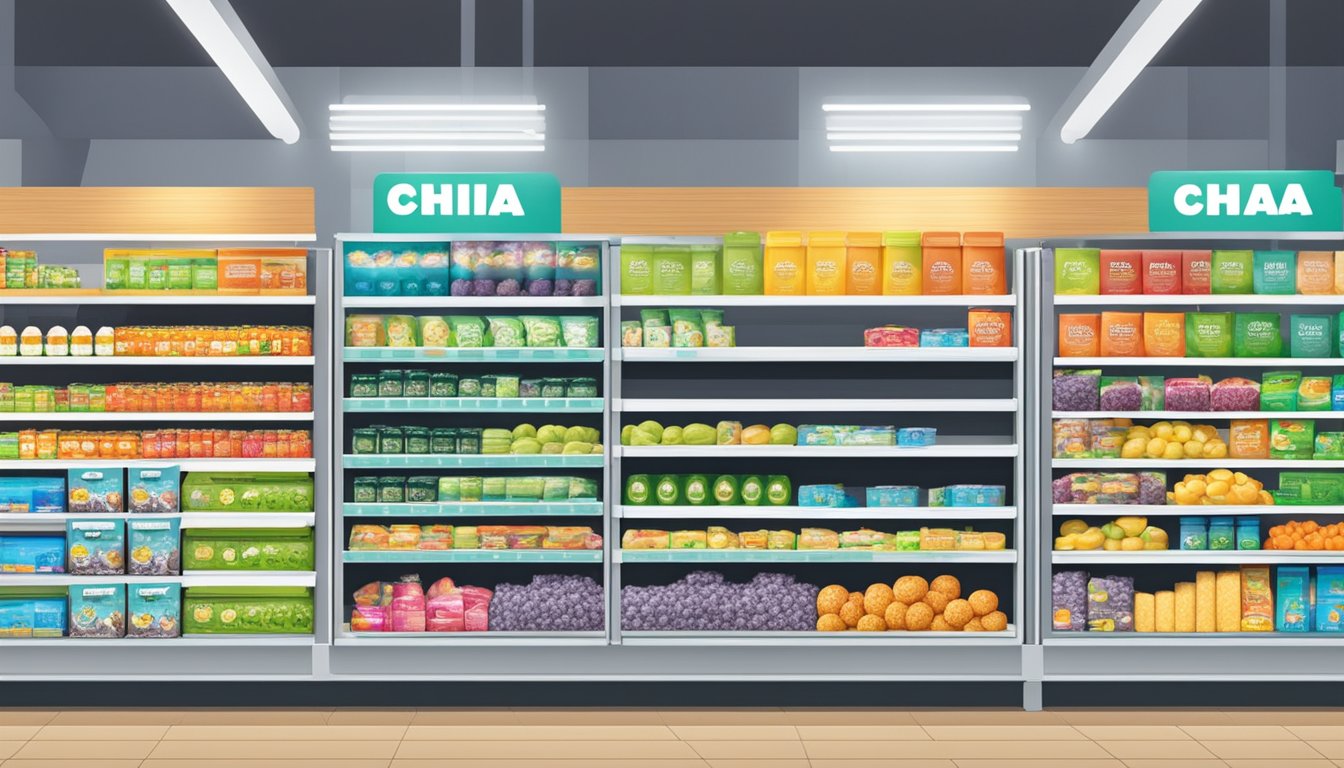 Shelves stocked with chia seeds in a brightly lit Singapore supermarket. Colorful packaging and clear signage indicate various brands and prices