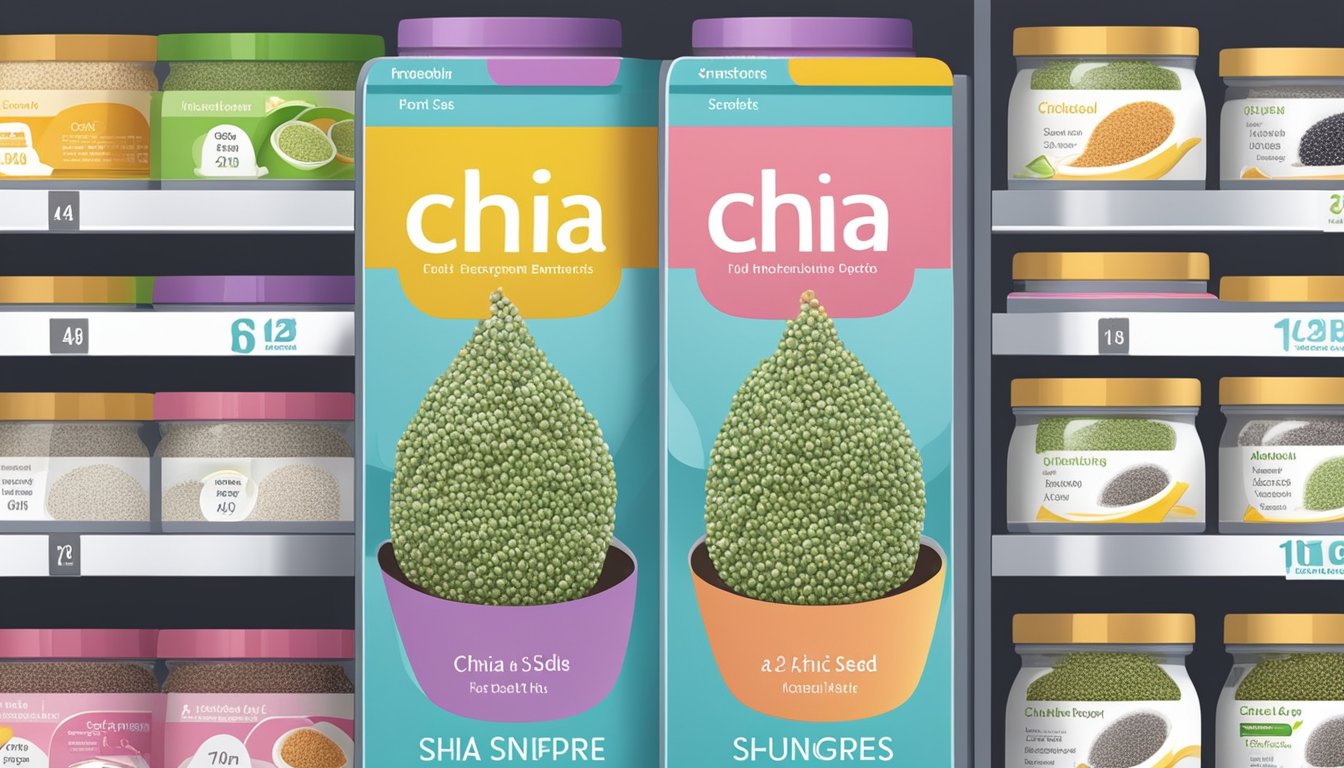 A display of chia seeds with labels showing health benefits and nutritional information in a Singapore supermarket