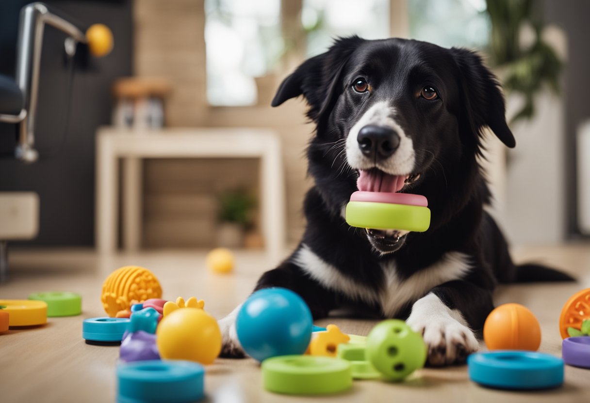 A happy dog playing with a variety of toys, eating balanced meals, getting regular exercise, visiting the vet for check-ups, and receiving lots of love and attention from its owner