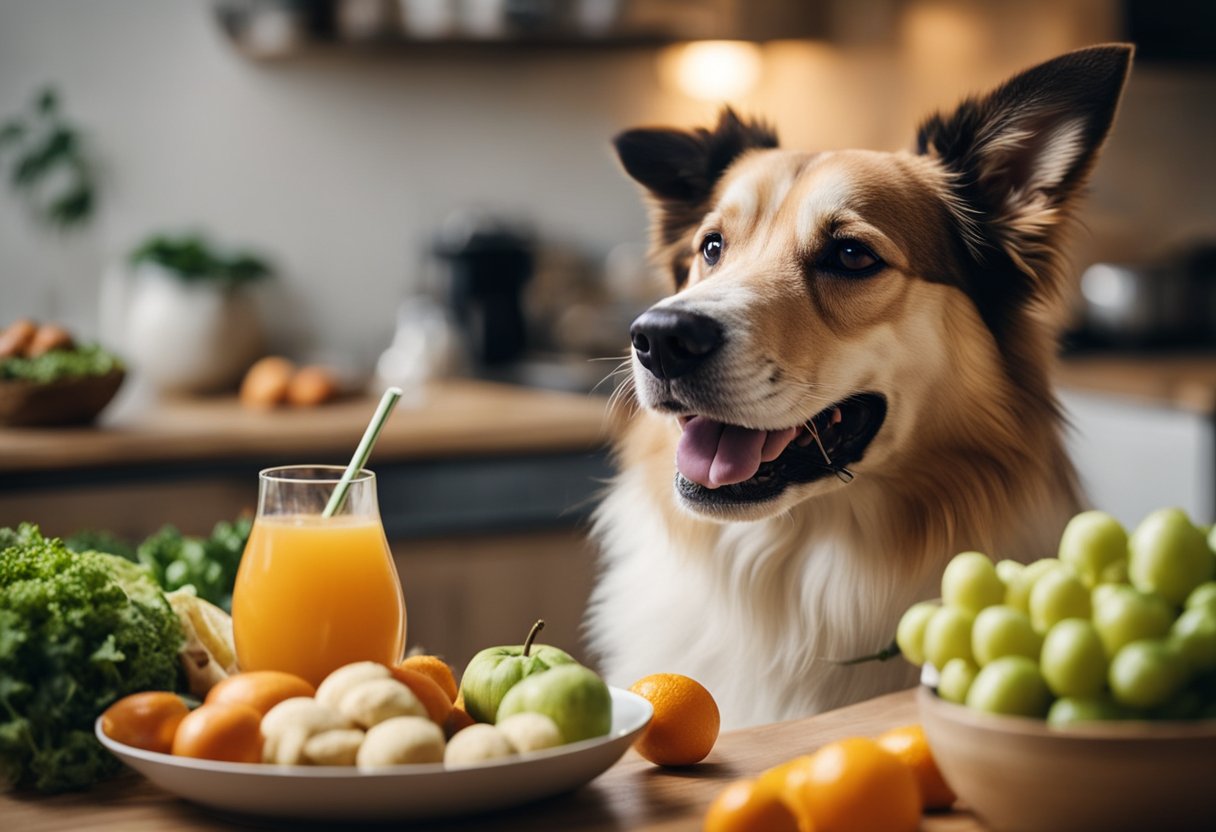 A happy dog eating a balanced meal, surrounded by fresh fruits and vegetables. A bowl of clean water nearby. An owner smiling and offering a healthy treat
