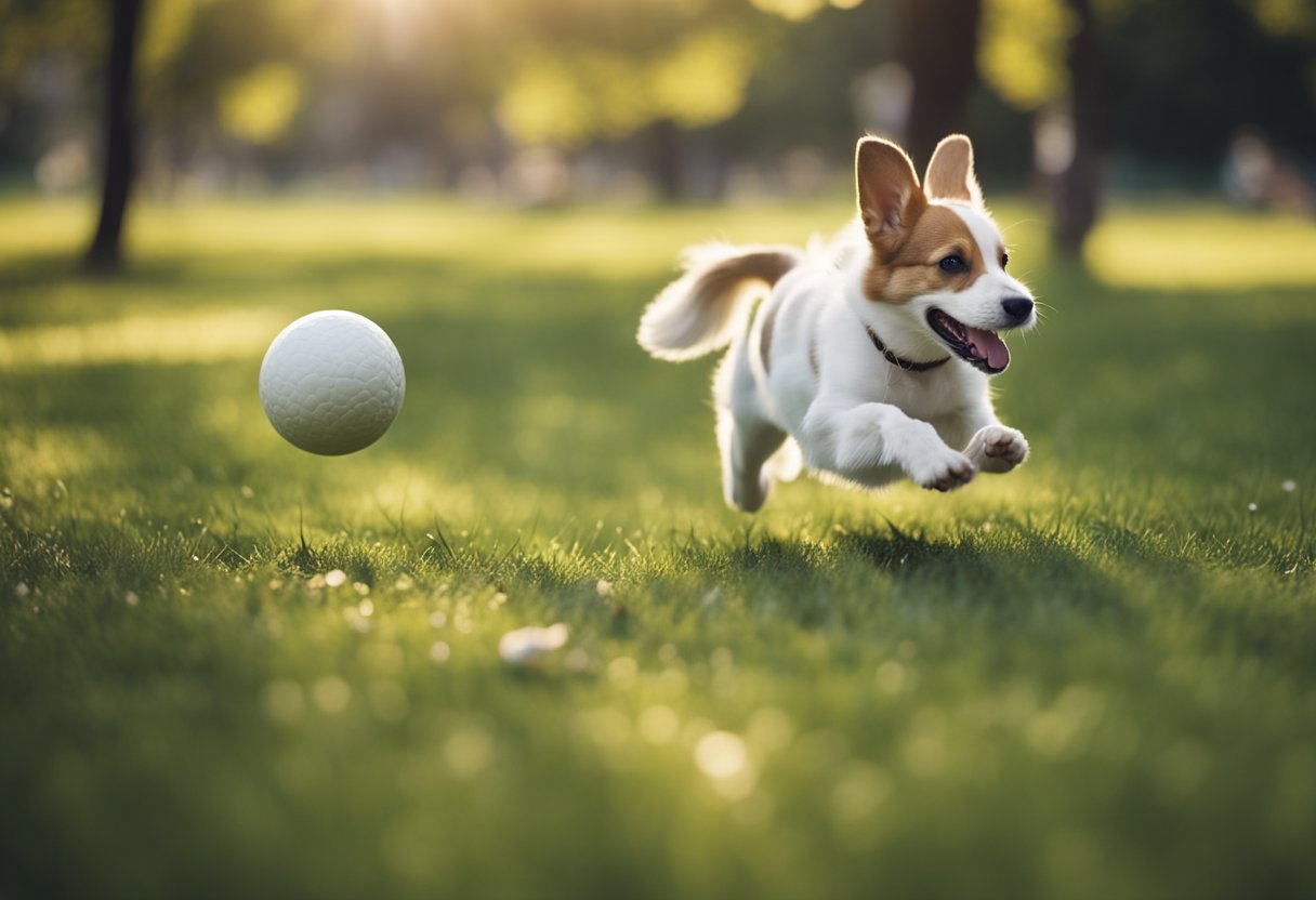 A dog running in a park, playing with a ball, a cat stretching, a bird flying, and a rabbit hopping