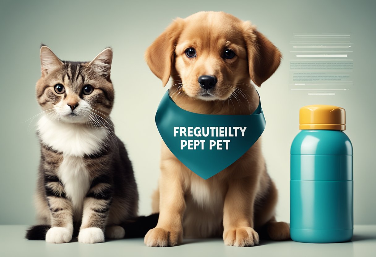 A dog and a cat sitting side by side, surrounded by various pet care items such as a leash, food bowl, and toys. A banner above them reads "Frequently Asked Questions 5 tips for a healthier pet."