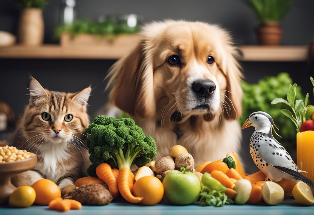 A variety of pets (dog, cat, bird, fish, rabbit) surrounded by healthy food, water, toys, and a veterinarian's certificate