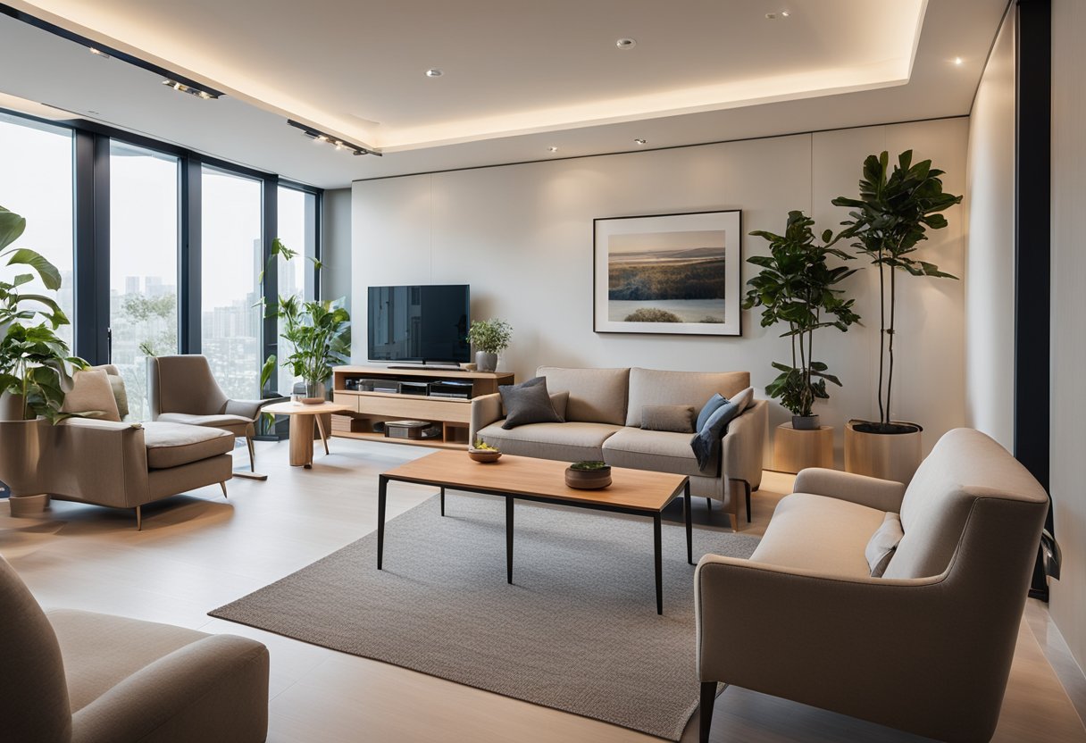 A spacious, well-organized room with furniture strategically placed for flow and function. Natural light floods the space, accentuating the thoughtful layout and creating a harmonious atmosphere