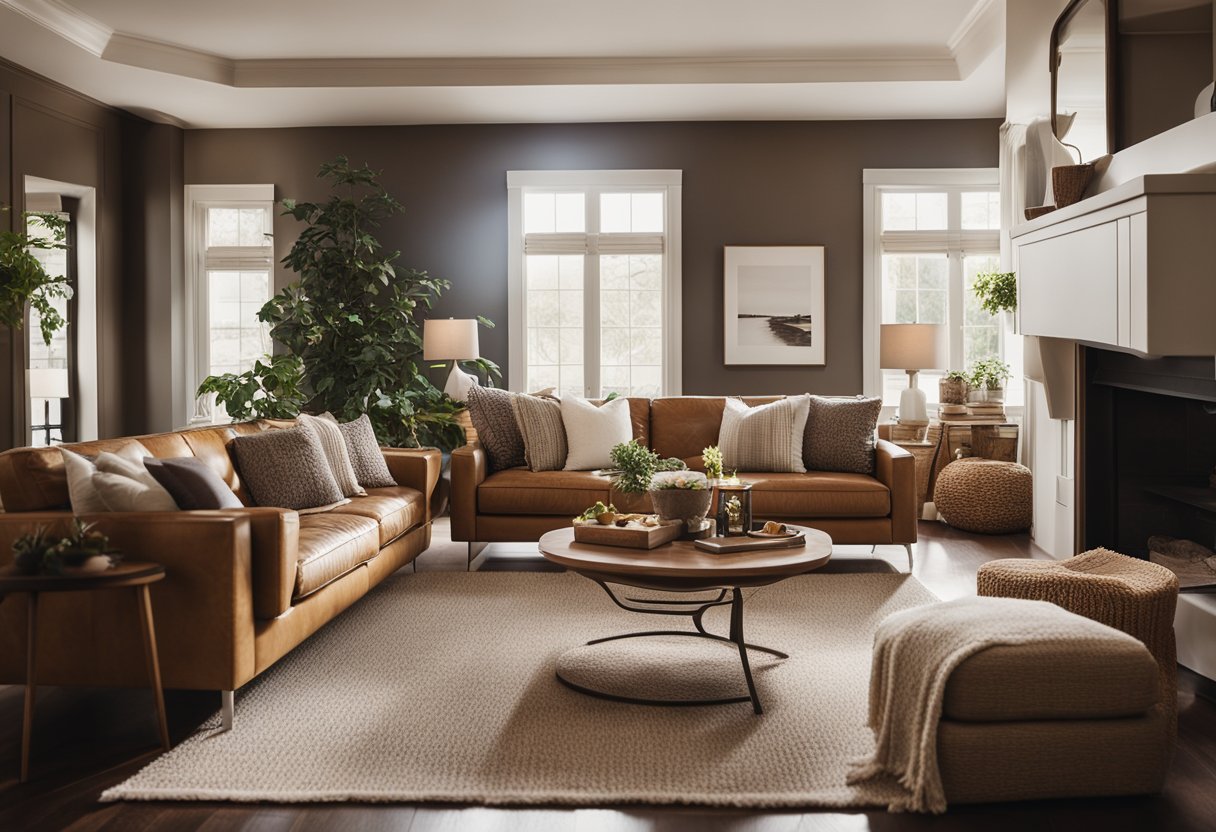 A cozy living room with warm, earthy tones, plush furniture, and natural lighting. A mix of textures and patterns create visual interest