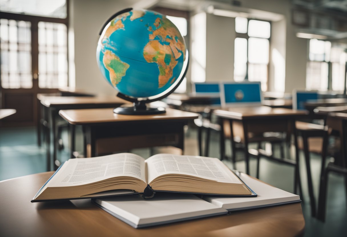 A classroom with Chinese language textbooks and a whiteboard with Chinese characters. A globe in the background to symbolize global importance