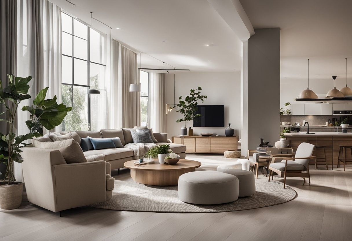 A well-lit, open-concept living room with modern furniture and a neutral color palette. The space is organized and balanced, with a focus on functionality and comfort