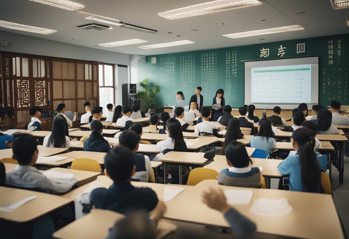 A bustling Chinese language class with students engaged in conversation, surrounded by Chinese cultural symbols and modern technology