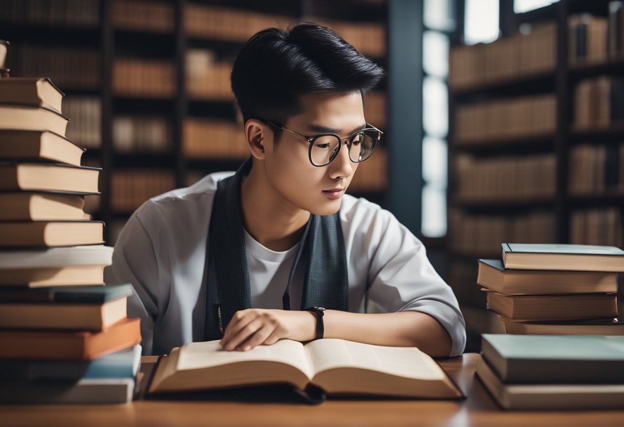 A person studying Chinese, surrounded by books, a laptop, and Chinese language learning materials. Symbols and characters decorate the room