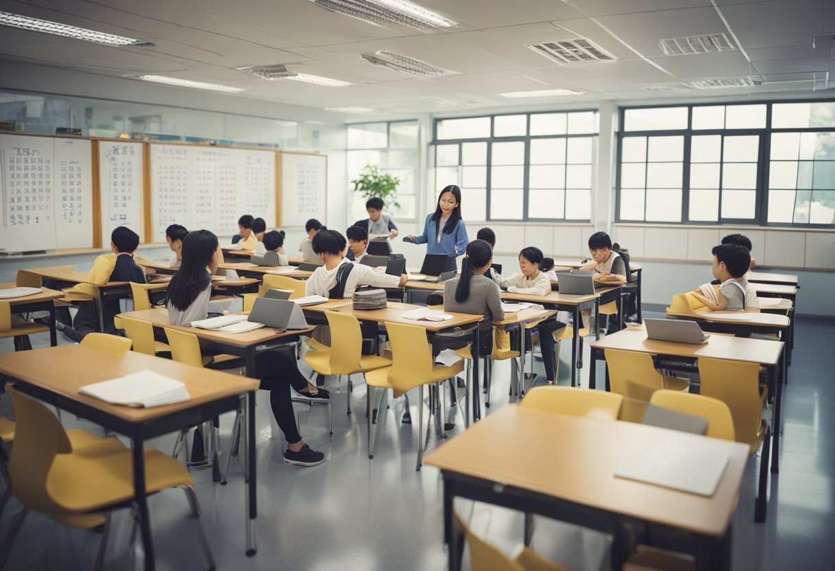 A classroom setting with Chinese language textbooks and a whiteboard with Chinese characters. Students engaged in conversation and practicing writing