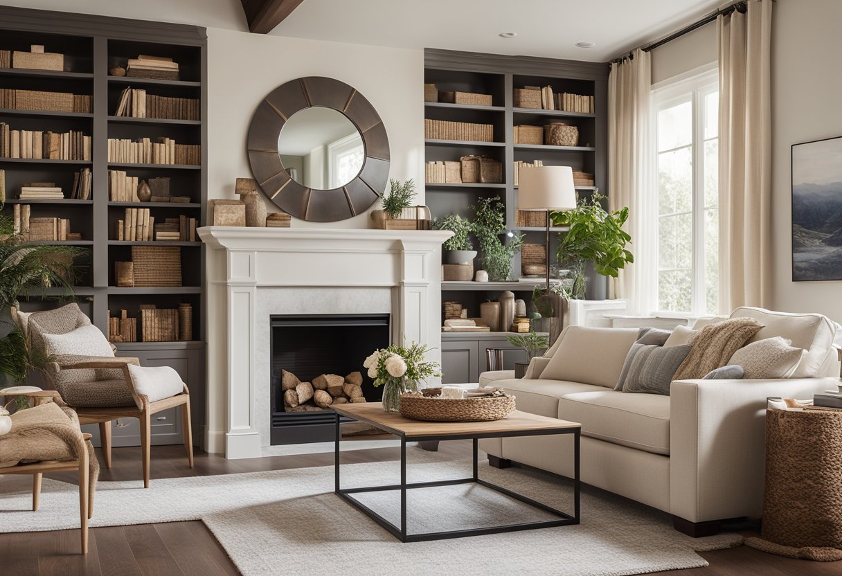 A cozy living room with a large, comfortable sectional sofa, a warm fireplace, and a built-in bookshelf filled with books and decorative items. A large window lets in natural light, and the room is accented with soft, neutral colors and natural