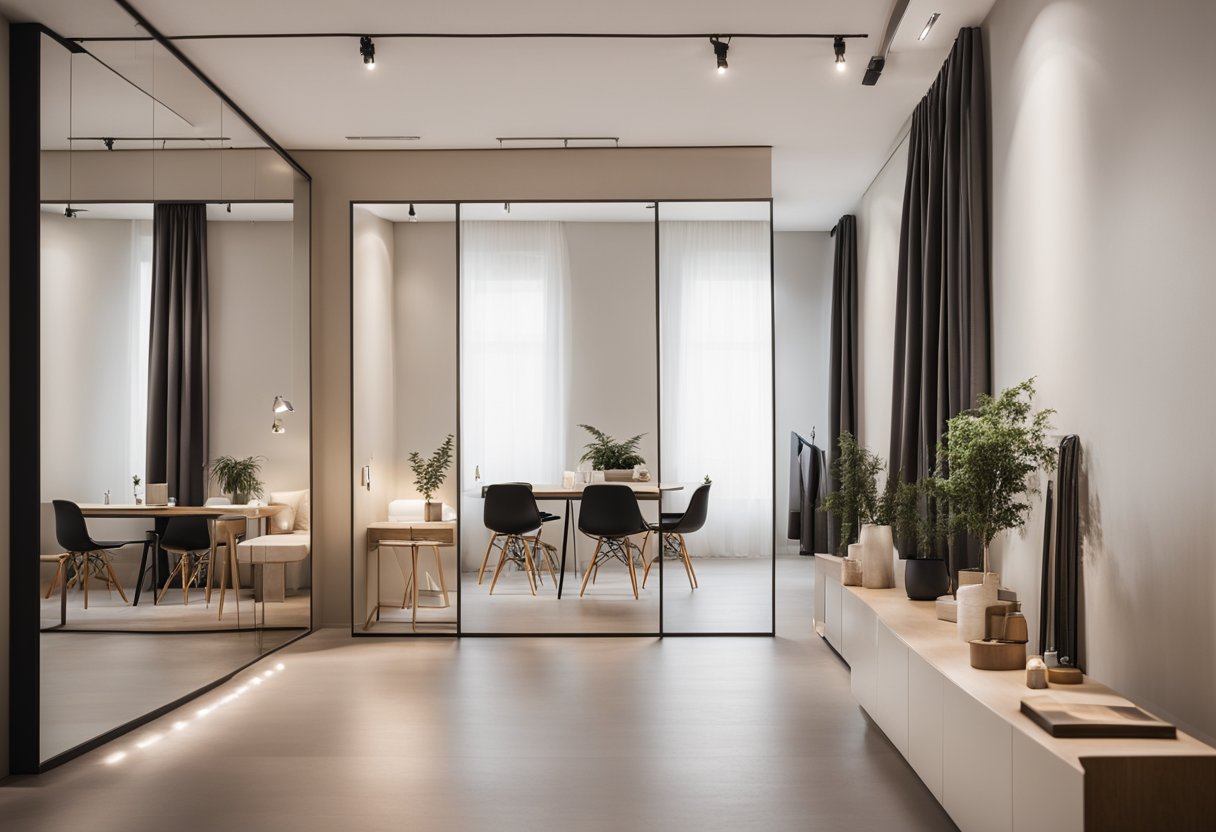 A small room with light-colored walls and large mirrors to create the illusion of space. Minimal furniture and strategically placed lighting to enhance the sense of openness