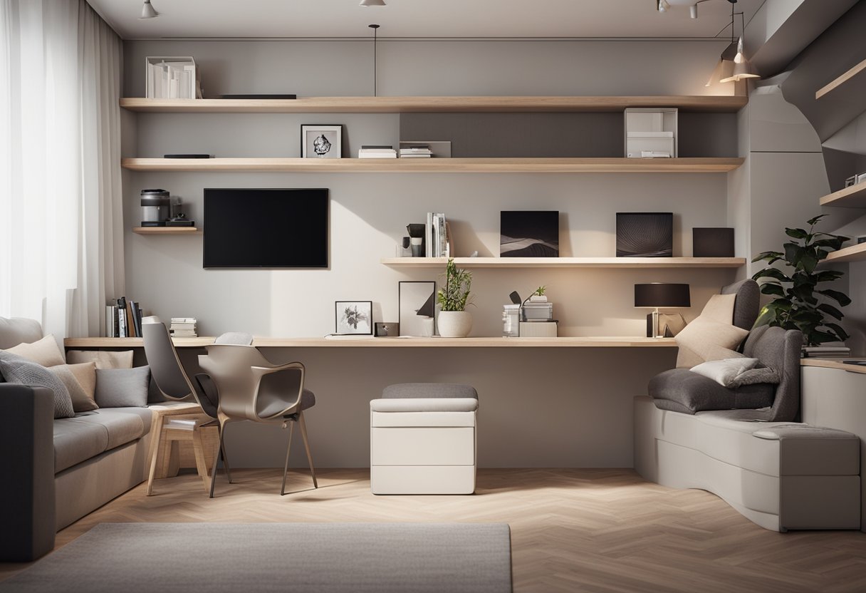 A small room with clever storage solutions, like floating shelves and multi-functional furniture. Minimalist decor and organized clutter-free surfaces