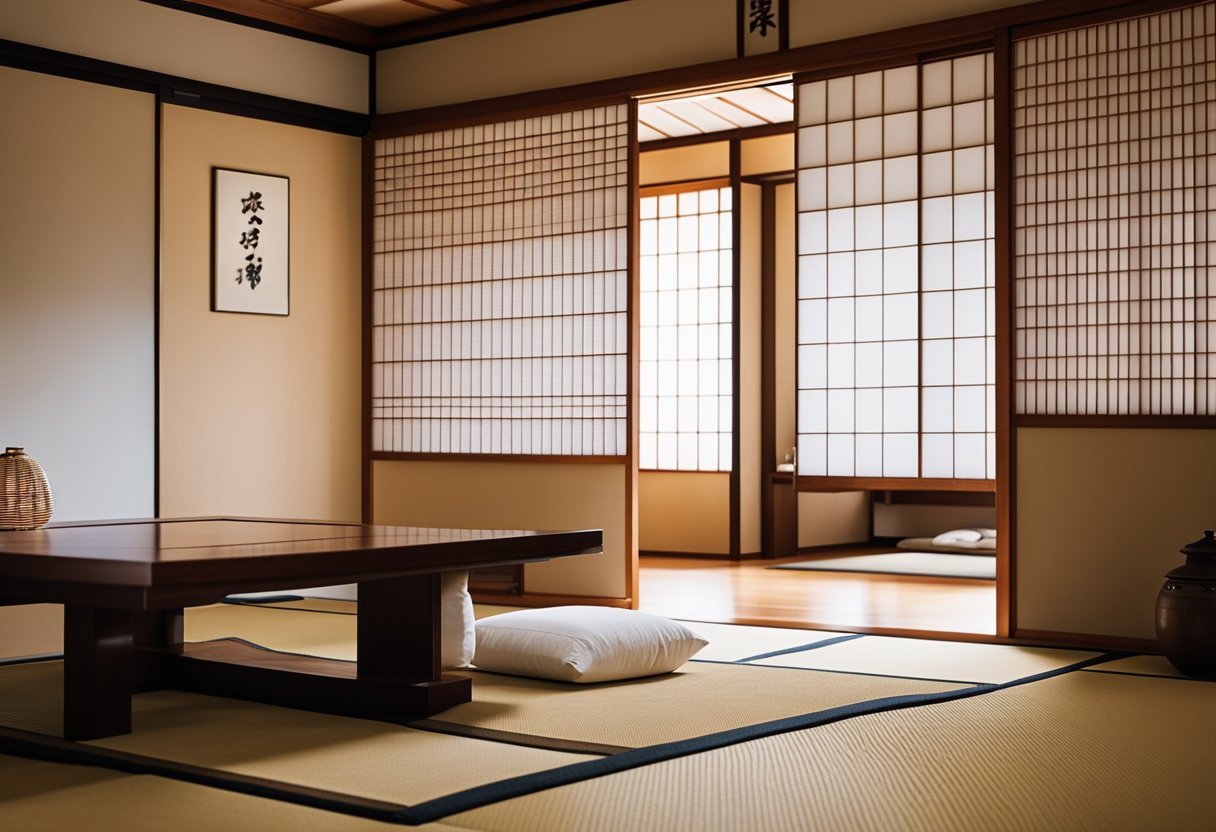 Traditional Japanese sliding doors, tatami mats, and minimal furniture in a serene room with shoji screens and a tokonoma alcove